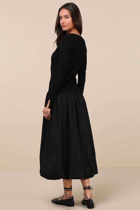 Lulus Sophisticated Chic Black Mixed Media Midi Dress In Black