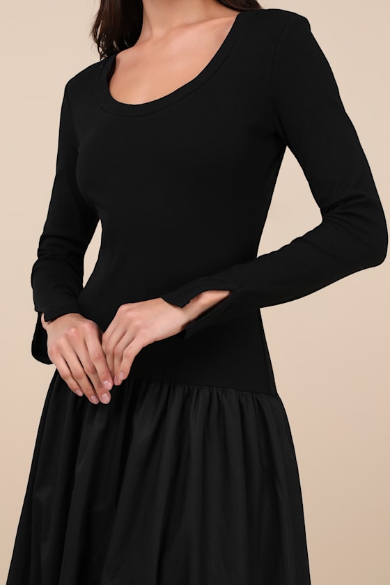Lulus Sophisticated Chic Black Mixed Media Midi Dress In Black