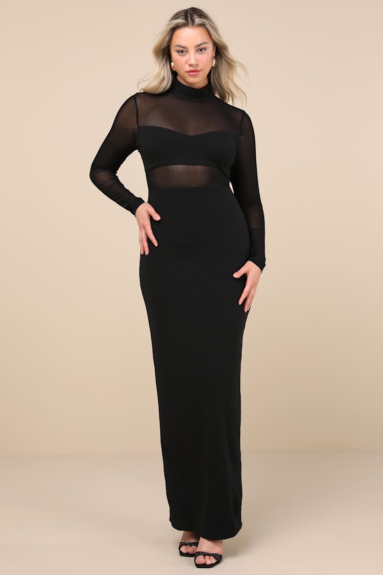 Black Dress Long Sleeve Maxi Dress Sheer Mesh Maxi Dress Lulus