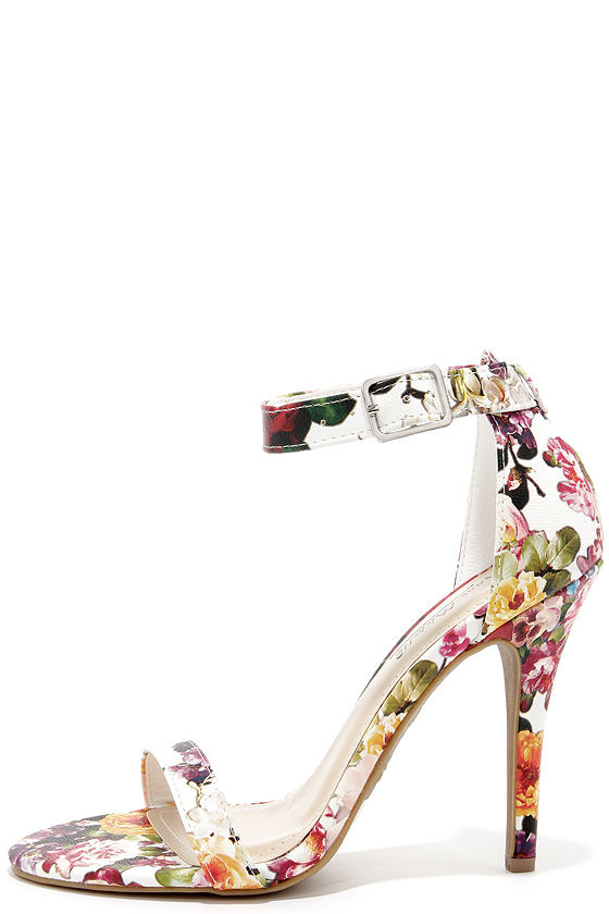 Sexy Single Strap Heels - White Floral Ankle Strap Heels - Lulus
