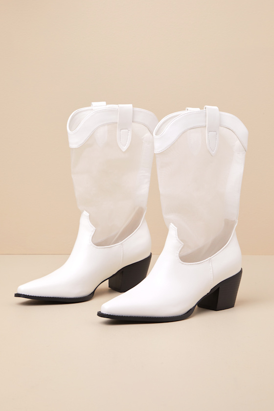 Wyley White Sheer Mesh Mid-Calf Western Boots 2