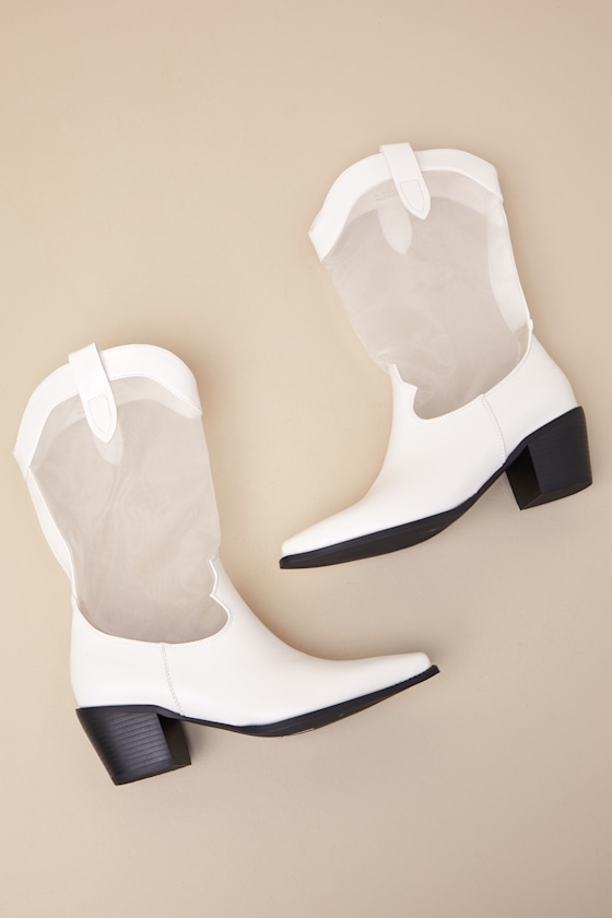 Lulus Wyley White Sheer Mesh Mid-calf Western Boots In White