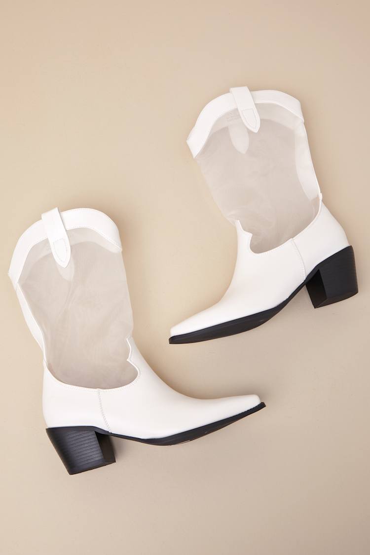 Wyley White Sheer Mesh Mid-Calf Western Boots