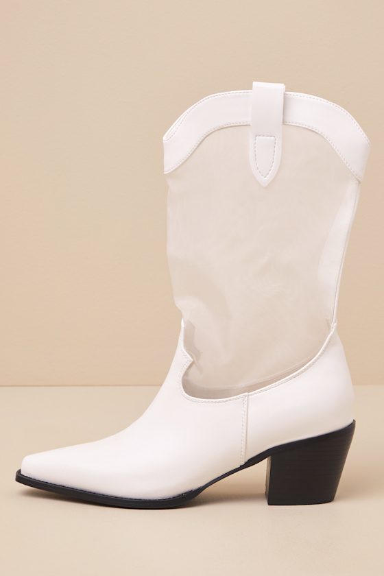 Lulus Wyley White Sheer Mesh Mid-calf Western Boots In White
