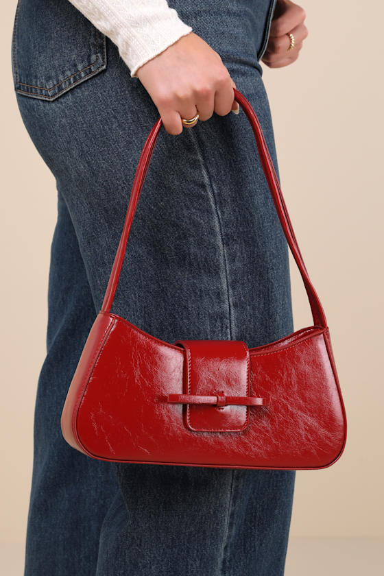 Red Patent Shoulder Bag - Vegan Leather Handbag - Red Bow