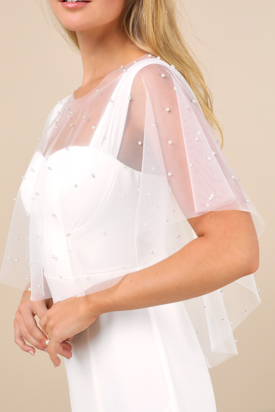 Mellina White Pearl Short Veil Cape 2