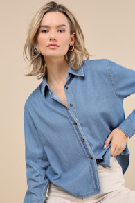Always Pristine Medium Blue Chambray Button-Up Top