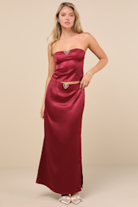 Priscilla Burgundy Satin Midi Skirt 4