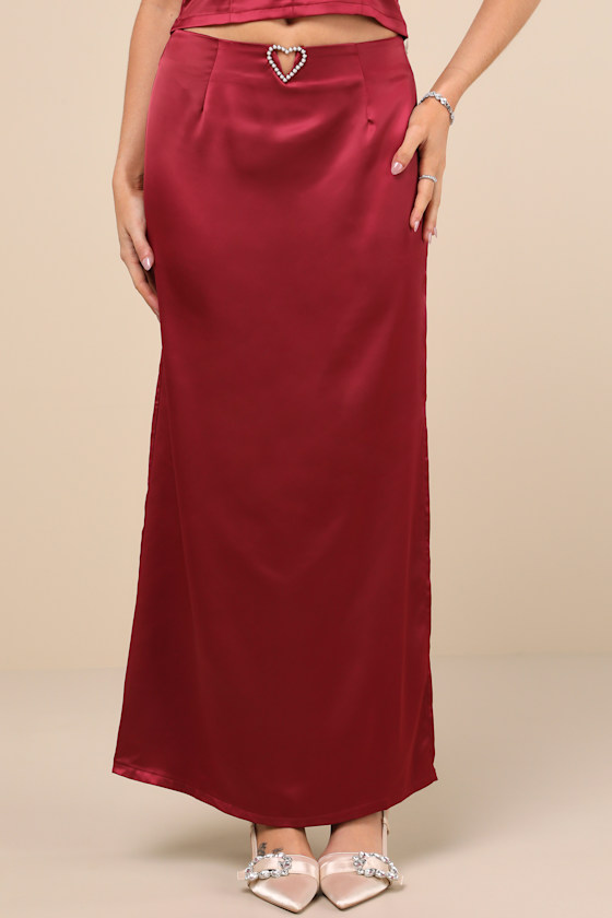 The Frolic Priscilla Burgundy Satin Maxi Skirt In Burgundy