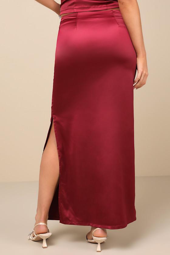 The Frolic Priscilla Burgundy Satin Maxi Skirt In Burgundy