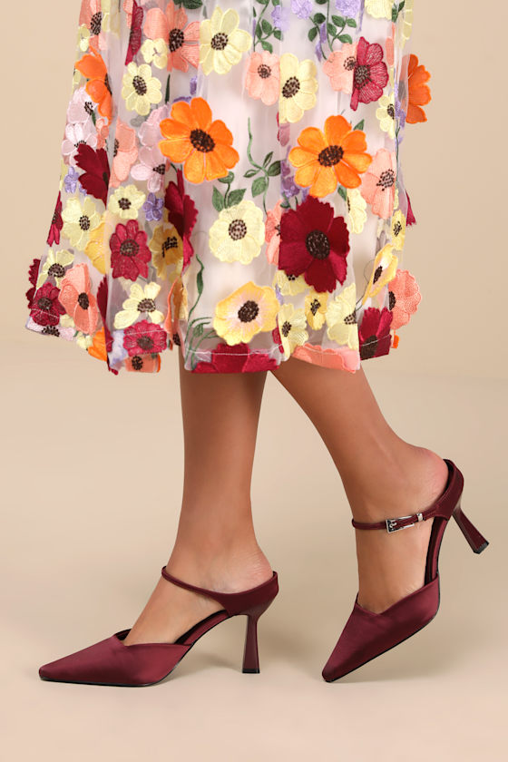 Roslynn Eggplant Satin Pointed-Toe Mule Pumps 1