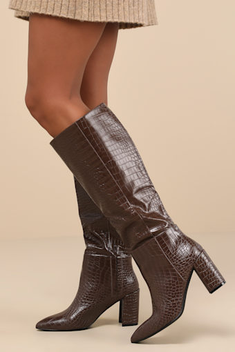 Katari Espresso Croc-Embossed Pointed-Toe Knee High Boots 1
