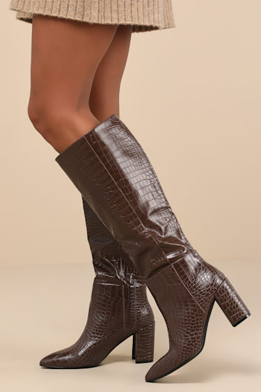 Croc Embossed Croc Brown Knee High Boots Katari Espresso Croc-Embossed  Pointed-Toe Knee High Boots