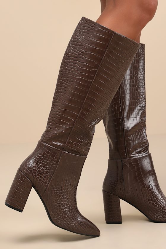 Katari Espresso Croc-Embossed Pointed-Toe Knee High Boots 5