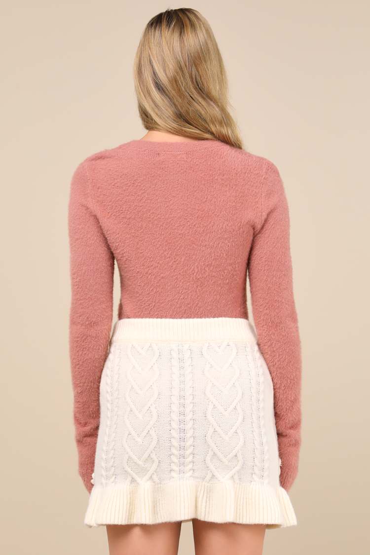Maeve Cream Knit 3D Floral Applique Mini Skirt