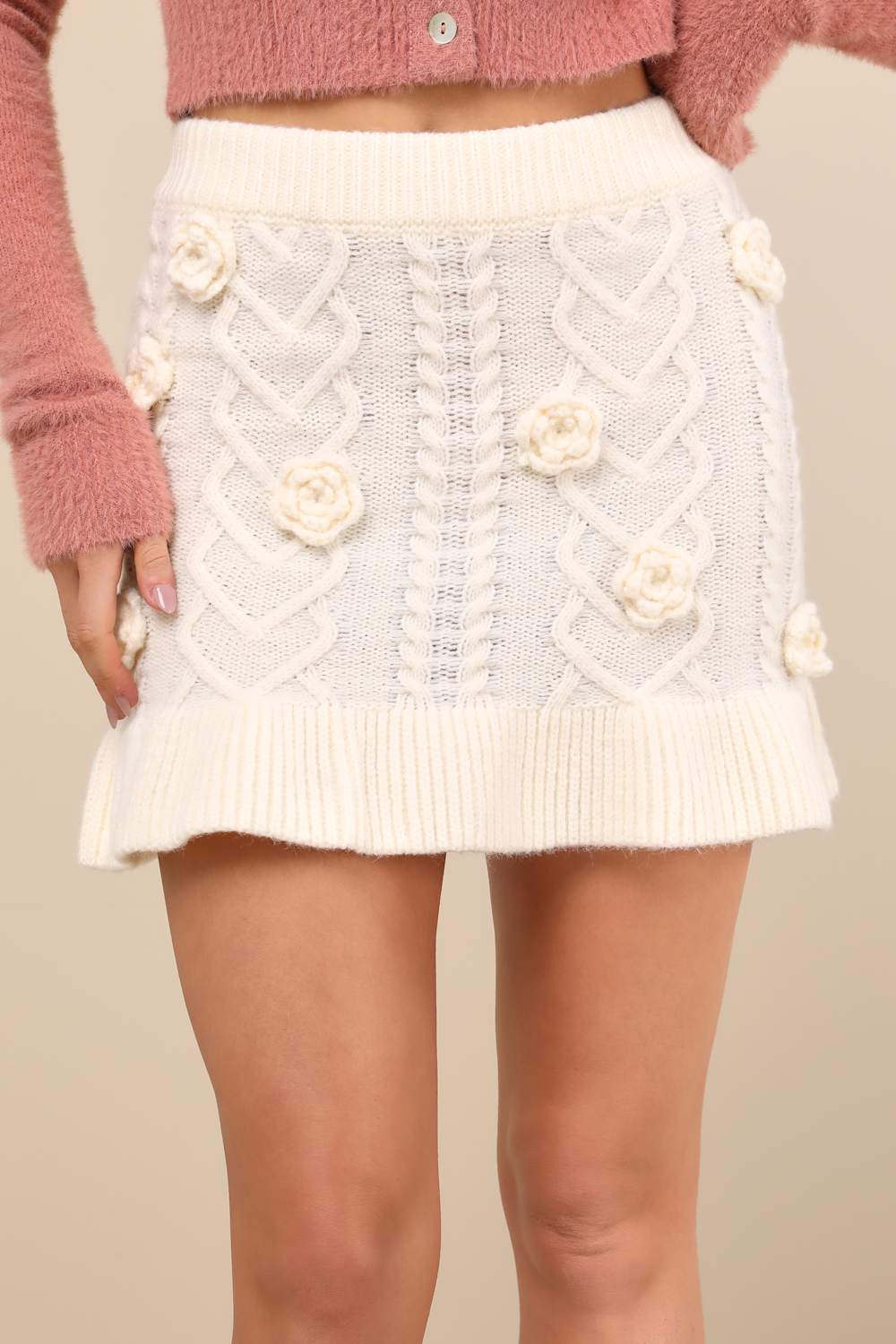 Maeve Cream Knit 3D Floral Applique Mini Skirt