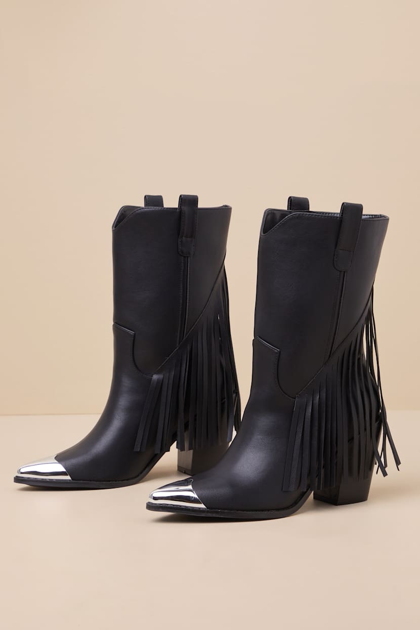 Toleson Black Fringe Pointed-Toe Mid-Calf Western Boots