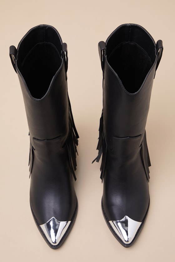 Lulus Toleson Black Fringe Pointed-toe Mid-calf Western Boots In Black