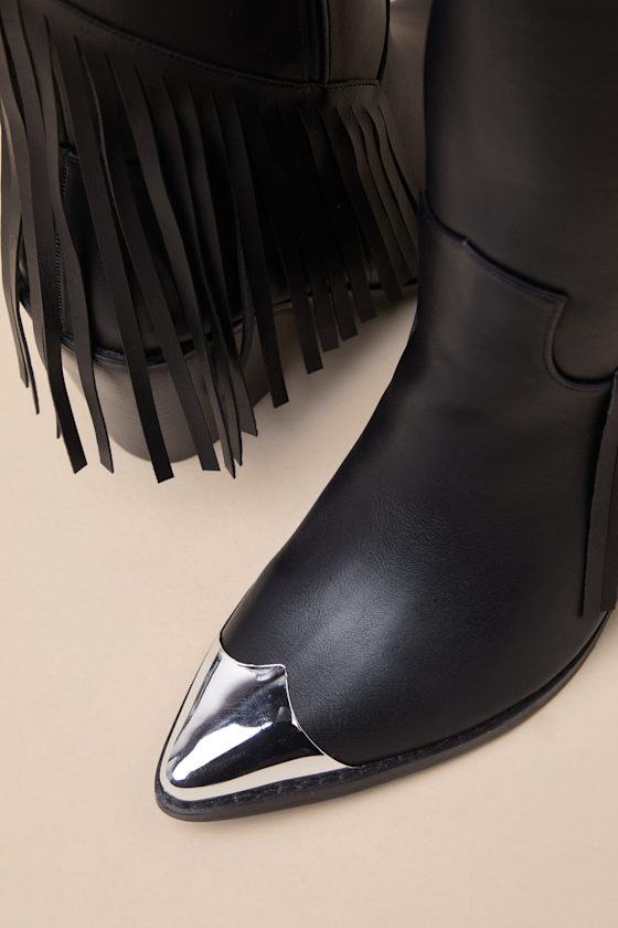 Lulus Toleson Black Fringe Pointed-toe Mid-calf Western Boots In Black