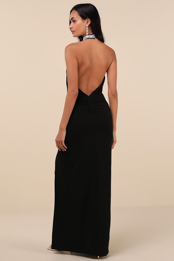 Lulus Immaculate Class Black Rhinestone Halter Maxi Dress In Black