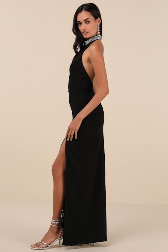 Lulus Immaculate Class Black Rhinestone Halter Maxi Dress In Black