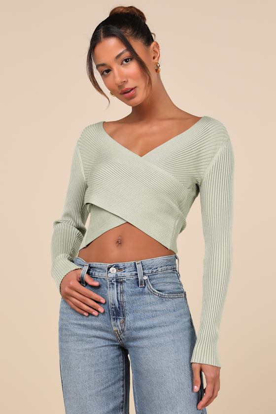 LULUS EXCEPTIONALLY CONFIDENT SAGE RIBBED CROSS-FRONT SWEATER TOP