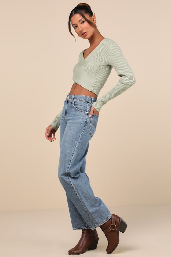 LULUS EXCEPTIONALLY CONFIDENT SAGE RIBBED CROSS-FRONT SWEATER TOP
