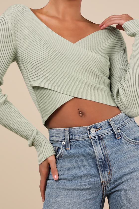 LULUS EXCEPTIONALLY CONFIDENT SAGE RIBBED CROSS-FRONT SWEATER TOP
