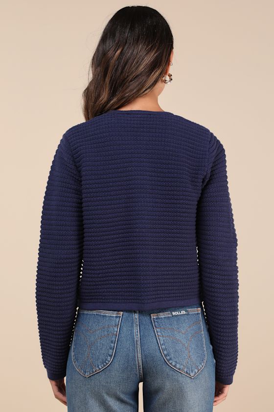 Navy Textured Cardigan - Cardigan Sweater - Button-Front Navy Textured Cardigan - Cardigan Sweater - Button-Front