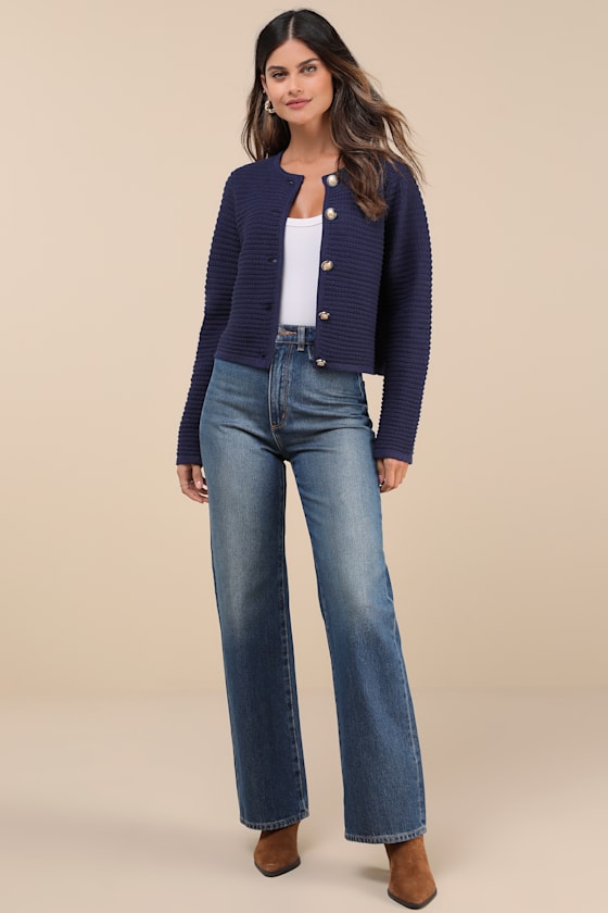 Navy Textured Cardigan - Cardigan Sweater - Button-Front Cardigan