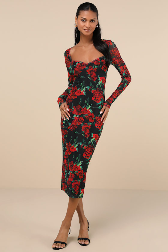 Sultry Marvel Black Floral Mesh Midi Dress 4