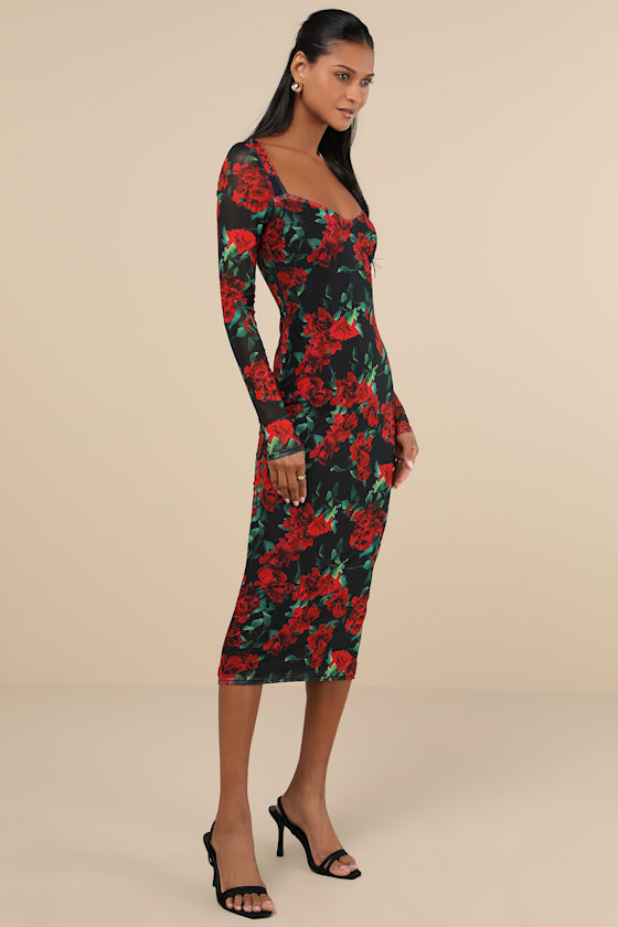 Lulus Sultry Marvel Black Floral Mesh Midi Dress In Black