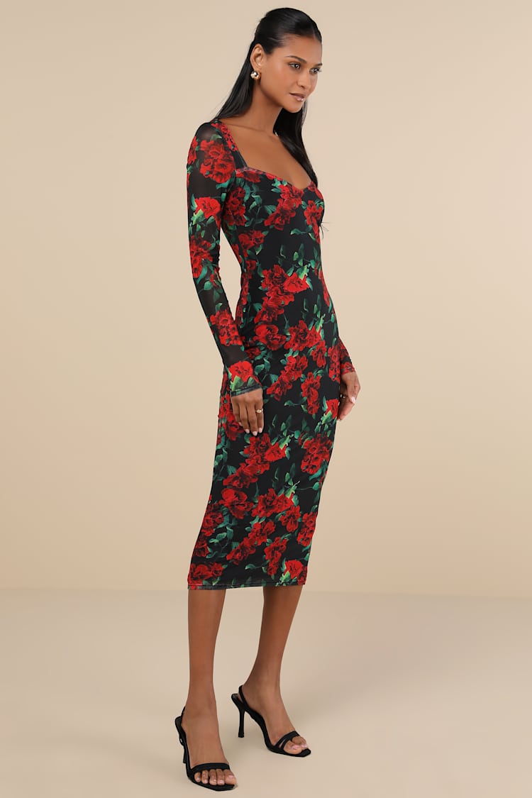 Sultry Marvel Black Floral Mesh Midi Dress