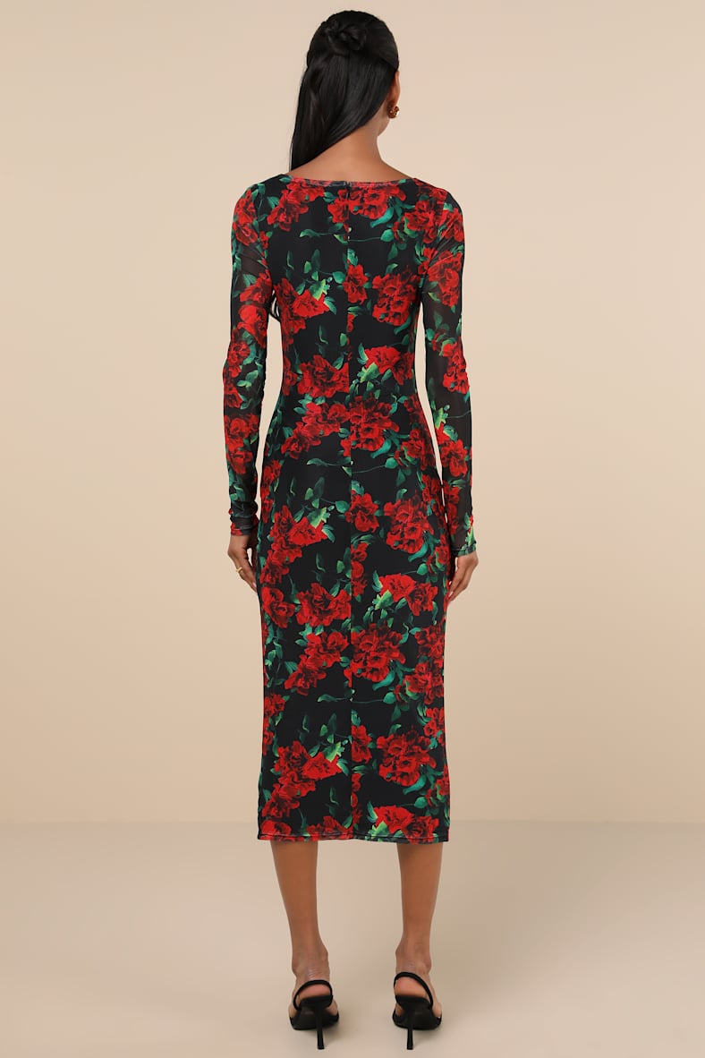 Sultry Marvel Black Floral Mesh Midi Dress