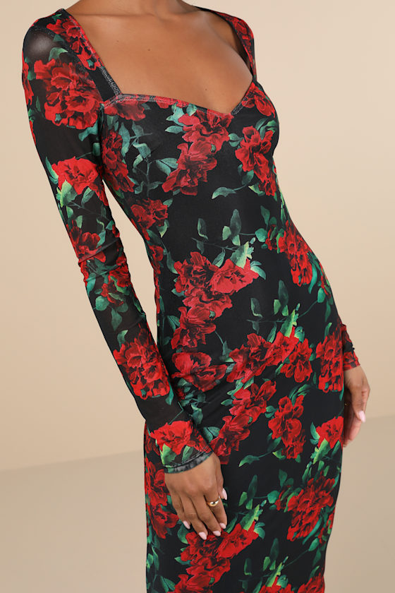 Lulus Sultry Marvel Black Floral Mesh Midi Dress In Black