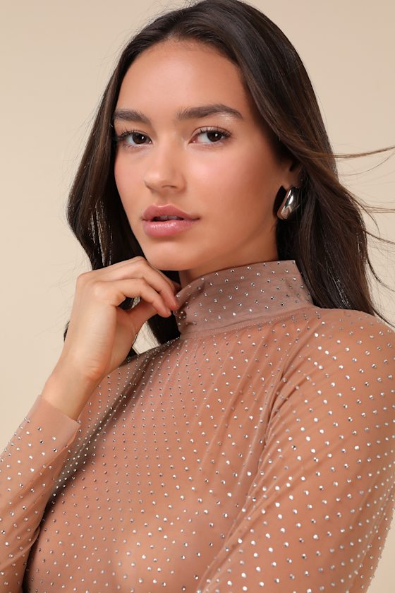 Lulus Memorable Glitter Beige Sheer Mesh Rhinestone Top In Beige