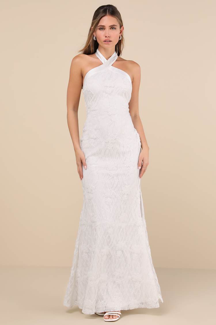 white high neck lace dress Nana Gotti White TURTLENECK LACE MAXI DRESS