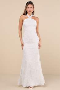 Morrisette White Lace Sequin Halter Maxi Dress 4