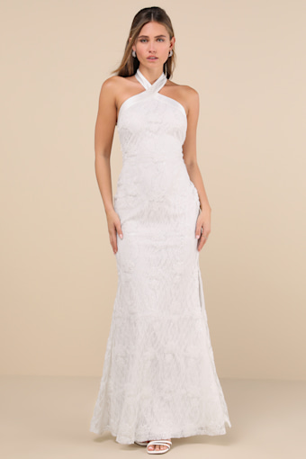 Morrisette White Lace Sequin Halter Maxi Dress 4