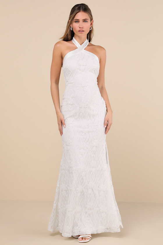 Morrisette White Lace Sequin Halter Maxi Dress 4