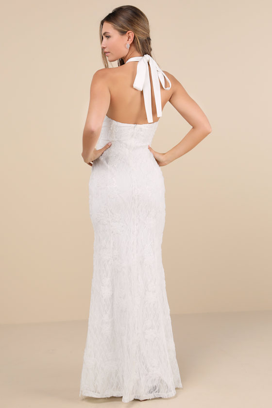 Morrisette White Lace Sequin Halter Maxi Dress 1