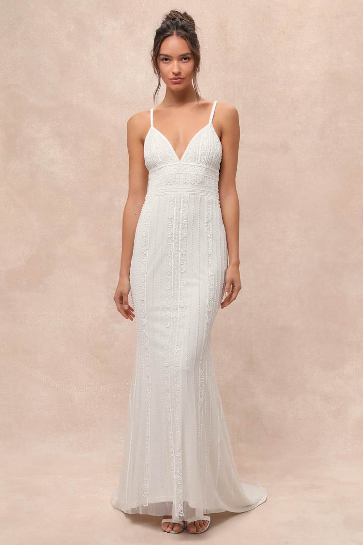 Stunning Vow White Beaded Sequin Maxi Dress