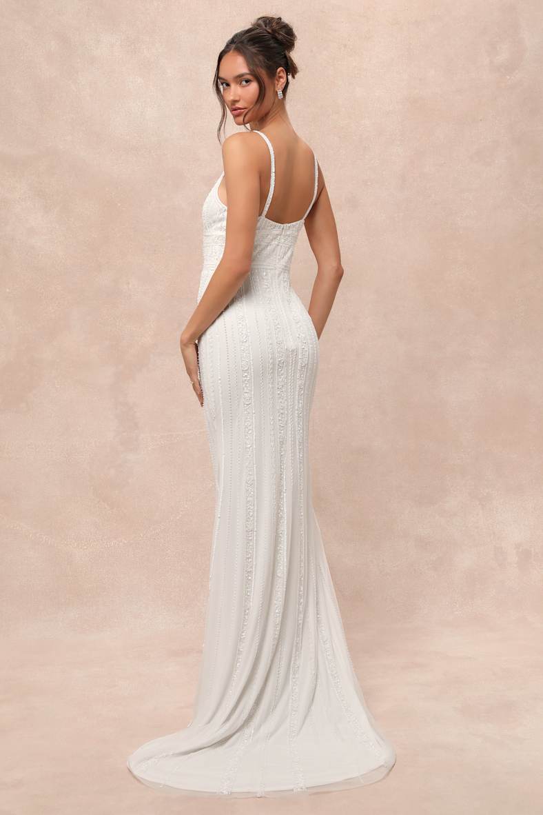 Stunning Vow White Beaded Sequin Maxi Dress