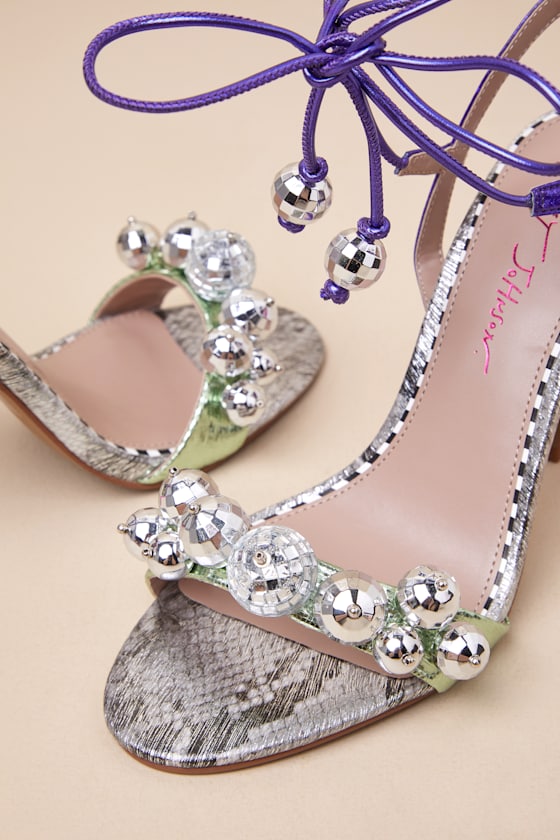 BETSEY JOHNSON JAGER MULTI SNAKE DISCO BALL LACE-UP HIGH HEEL SANDALS