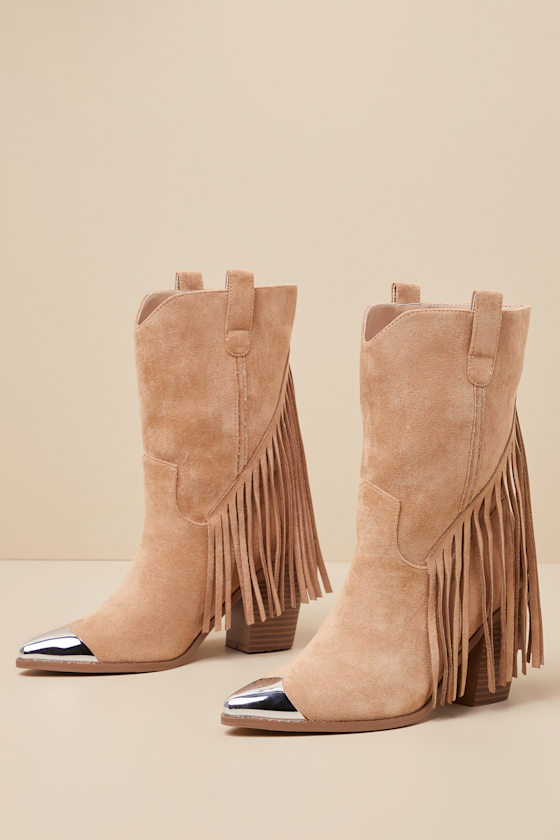 Lulus Toleson Taupe Suede Fringe Pointed-toe Mid-calf Western Boots In Taupe