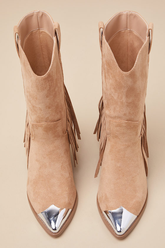 Lulus Toleson Taupe Suede Fringe Pointed-toe Mid-calf Western Boots In Taupe
