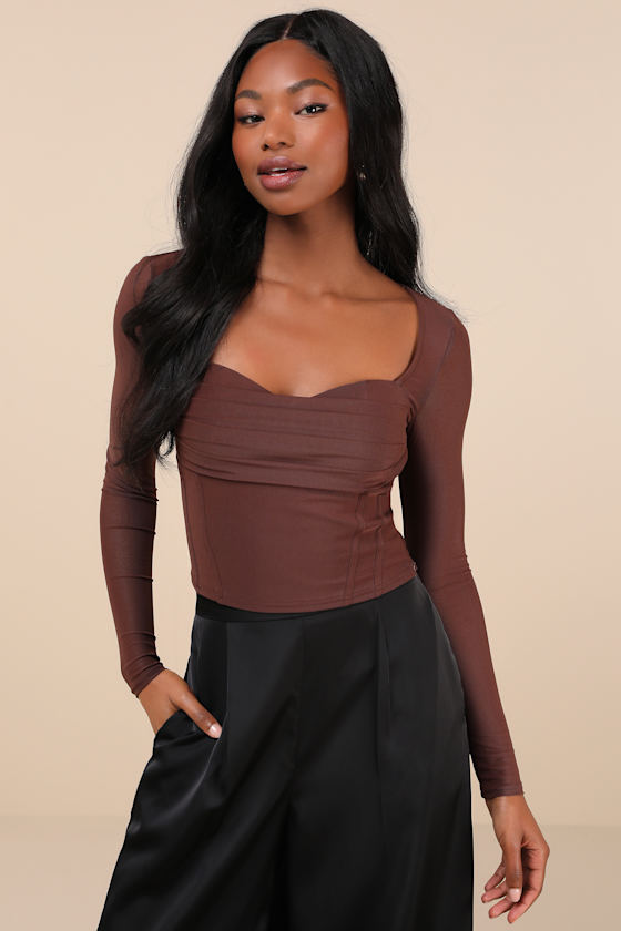 Brown Mesh Top Long Sleeve Top Bustier Crop Top Pleated Top Lulus — free download