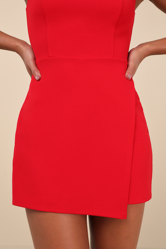 Lulus Enticing Endeavors Red Square Neck Sleeveless Skort Romper In Red