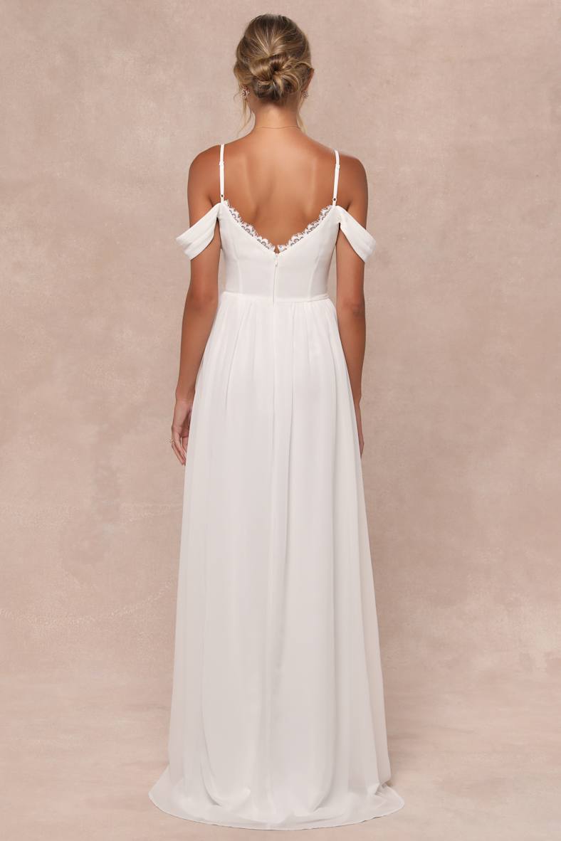 Marcelyn White Pleated Cold-Shoulder Maxi Dress