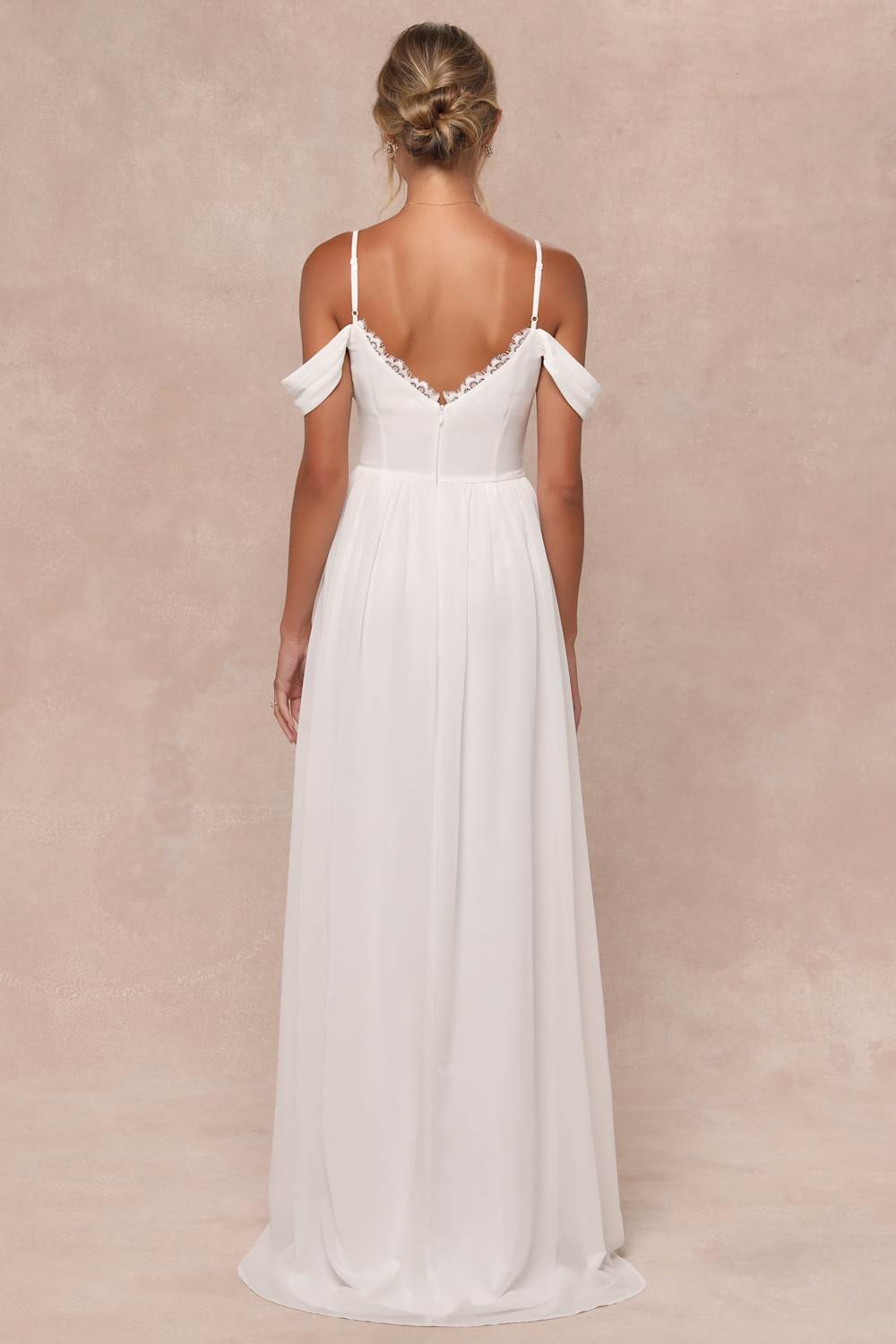 Marcelyn White Pleated Cold-Shoulder Maxi Dress